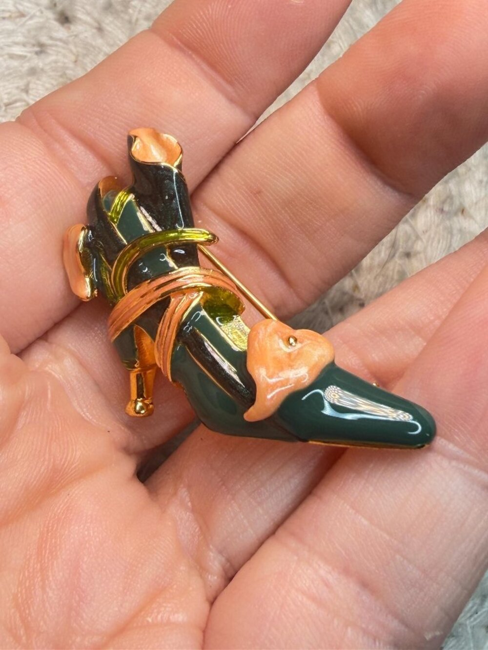 KJL Kenneth Jay Lane High Heel Shoe Brooch | Vintage Green Enamel Gold Tone Stil - Picture 9 of 9
